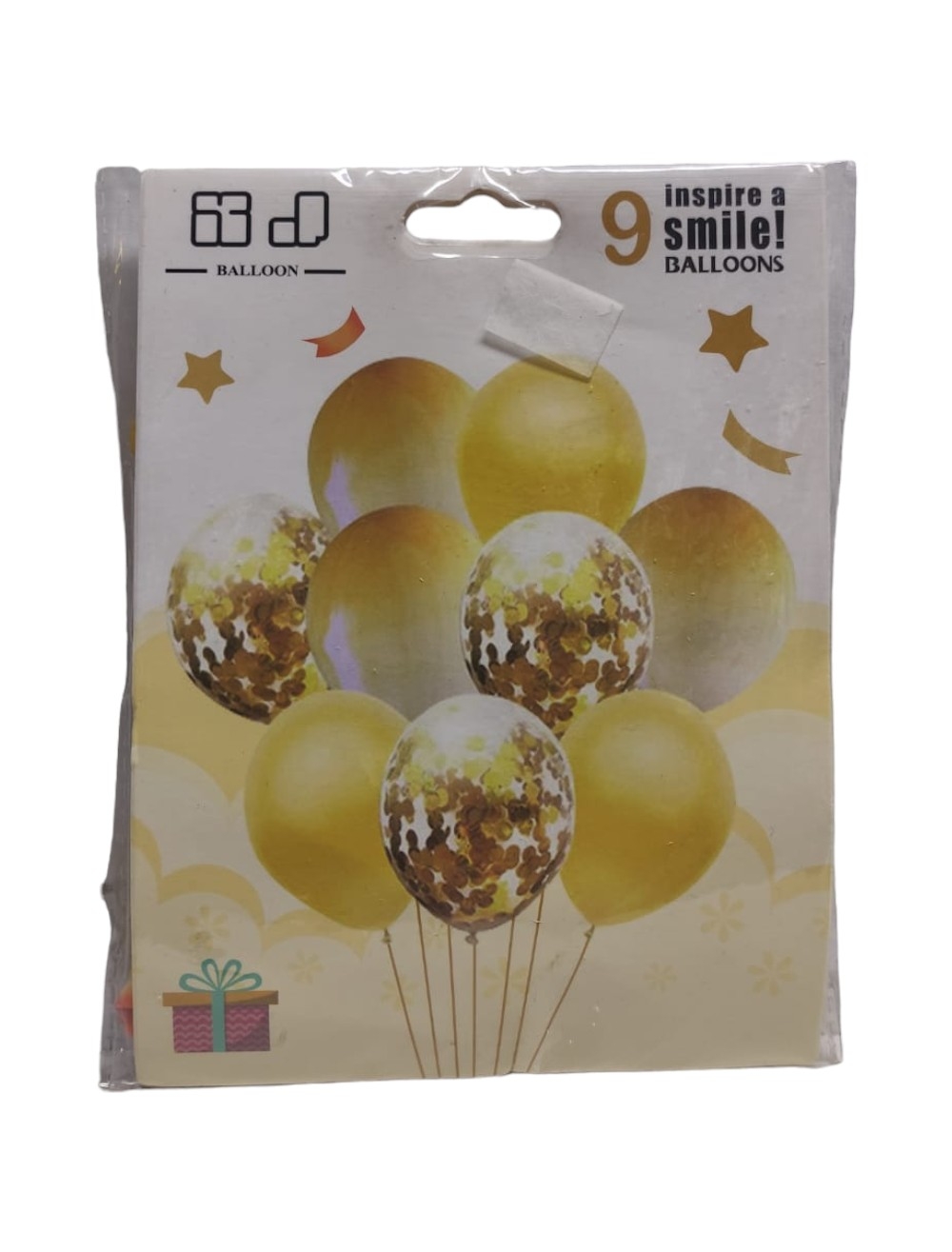 BOUQUET X9 UNIDADES GLOBO CRISTAL CON CONFETY,AGATA,  LATEX AMARILLO