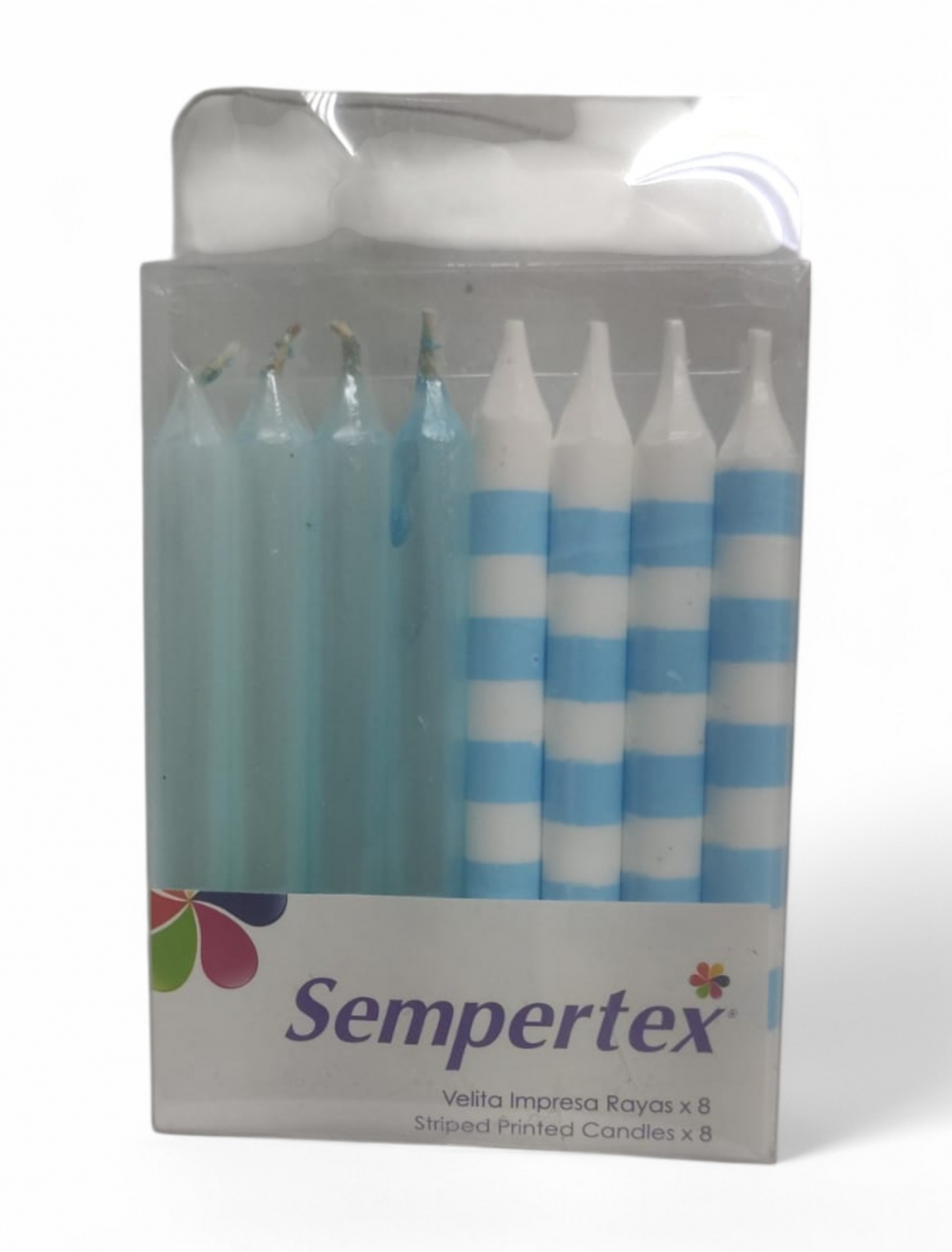 VELA RAYAS METAL BLANCO AZULCLARO X 8 UNIDADES