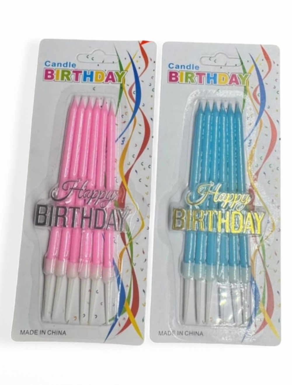 VELA COLOR PASTEL AZUL ,ROSADO CON LETRERO HAPPY BIRTHDAY