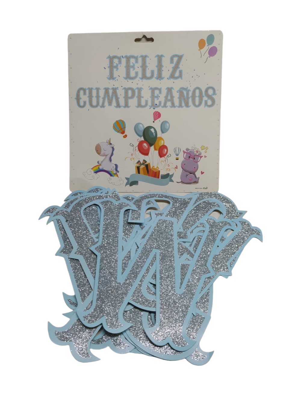 LETRERO FELIZ CUMPLEAÑOS PLATEADO Y AZUL 15PCS